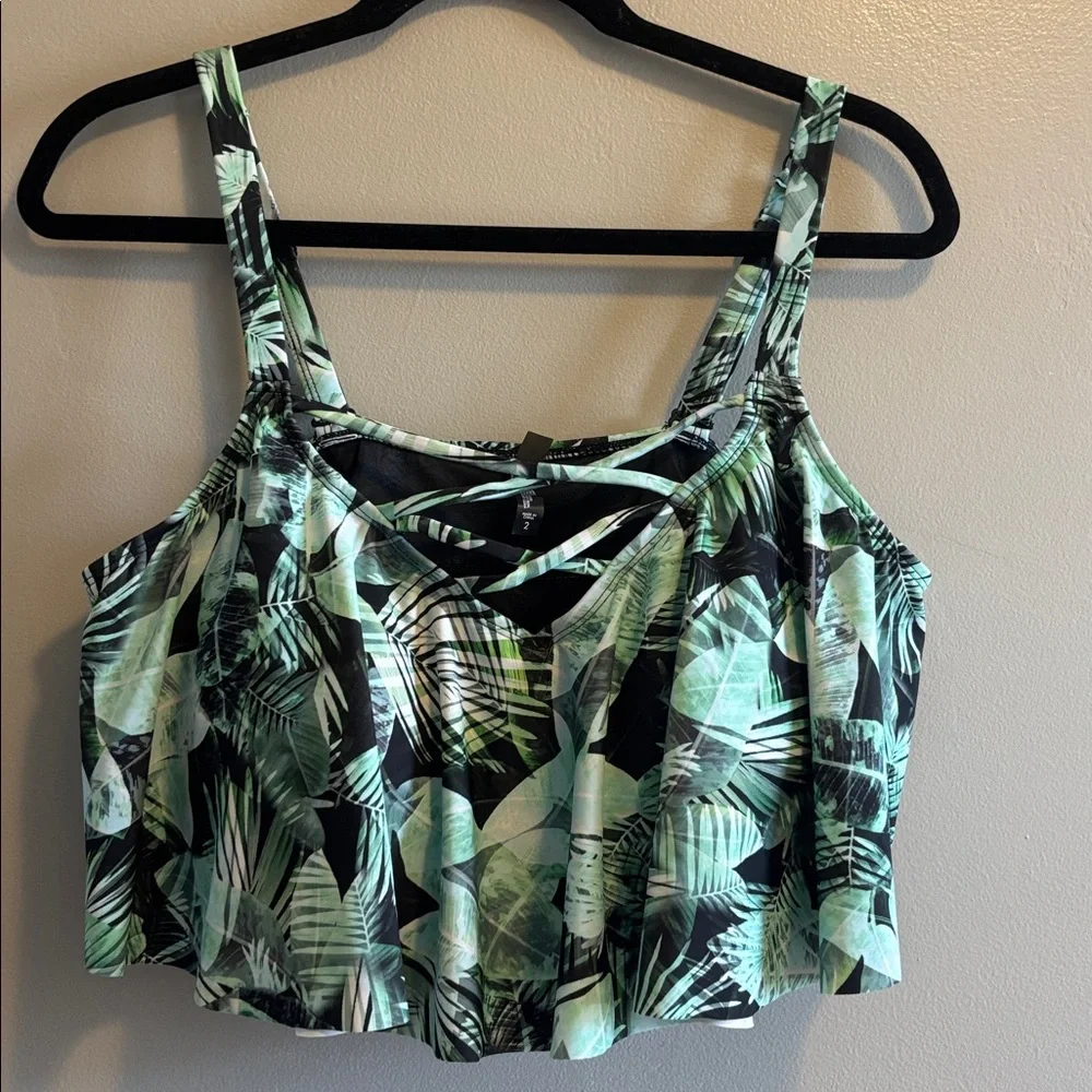 Torrid Wireless Straight Flounce Bikini Top Green Palm, 2x - Picture 2 of 4